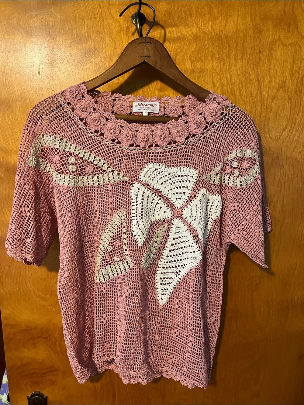Vintage Miramar Crochet Knit Top - Dusty Rose & Cream